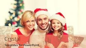  Presentation with winter family - Presentation theme featuring family christmas x-mas winter happiness and people concept - smiling family in santa helper hats with many gift boxes and bengal lights background and a coral colored foreground