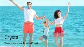  Presentation with family holding hands - Presentation theme enhanced with family concept parents and daughter holding hands and standing on sea background background and a light blue colored foreground