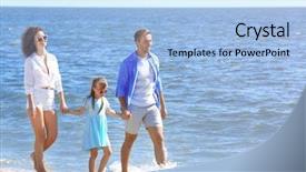  Presentation with holding hands family walking - Cool new PPT theme with family concept parents with daughter holding hands and walking on sea shore backdrop and a light blue colored foreground