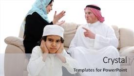  Presentation with arabic - Beautiful presentation theme featuring family conflict - arabic couple fighting and child backdrop and a lemonade colored foreground
