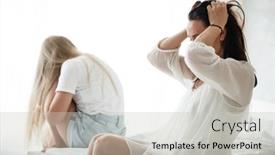  Presentation with sad woman - Slide deck consisting of family-conflict-and-relations-concept background and a light gray colored foreground