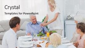  Presentation with rehearsal dinner - PPT theme featuring family conversation - woman serving salad to grandfather background and a  colored foreground