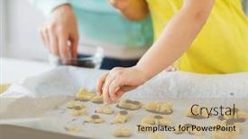  Presentation with sprinkles - Slide set consisting of family cooking and baking concept - mother and little daughter with sprinkles decorating cookies on tray at home kitchen background and a coral colored foreground