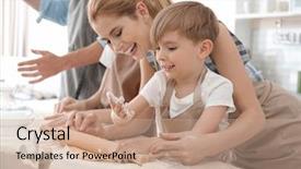  Presentation with cooking equipment kitchen utensils - Colorful slide deck enhanced with family cooking in kitchen cooking backdrop and a coral colored foreground