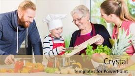  Presentation with household services - Audience pleasing slide deck consisting of family cooking in multigenerational household backdrop and a coral colored foreground