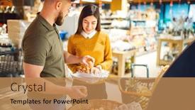  Presentation with grocery store - Slide deck having family-couple-choosing-eggs background and a coral colored foreground