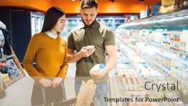  Presentation with grocery store - Cool new PPT layouts with family-couple-choosing-milk backdrop and a coral colored foreground