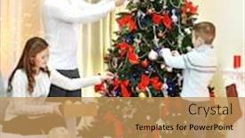  Presentation with living room family - Slide set featuring family decorating christmas tree in home holiday living room background and a yellow colored foreground