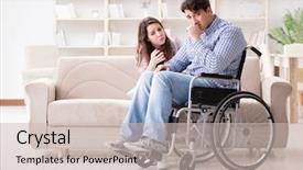  Presentation with disabled person - Beautiful presentation design featuring family distress - desperate disabled person on wheelchair backdrop and a soft green colored foreground