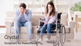  Presentation with disabled person - Presentation theme enhanced with family distress - desperate disabled person on wheelchair background and a soft green colored foreground