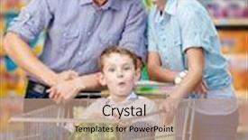  Presentation with consumerism - Audience pleasing presentation design consisting of family drives shopping trolley with food and son sitting there with watermelon concept of fresh and healthy food and consumerism backdrop and a coral colored foreground