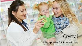  Presentation with drugs family - Presentation theme with family drugs - cheerful pharmacist chemist woman giving background and a soft green colored foreground