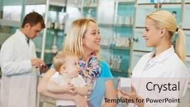  Presentation with contraception and pharmacy - Amazing slides having family drugs - cheerful pharmacist chemist woman giving backdrop and a coral colored foreground