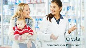  Presentation with woman child - Presentation design featuring family drugs - cheerful pharmacist chemist woman giving background and a sky blue colored foreground