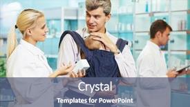  Presentation with pharmacy sports supplement - Presentation theme featuring family drugs - cheerful pharmacist chemist woman giving background and a ocean colored foreground