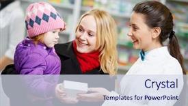  Presentation with drugs family - PPT theme enhanced with family drugs - cheerful pharmacist chemist woman giving background and a sky blue colored foreground