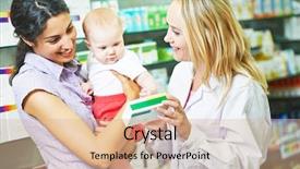  Presentation with drugs family - Presentation design consisting of family drugs - pharmacist chemist woman giving vitamins background and a coral colored foreground