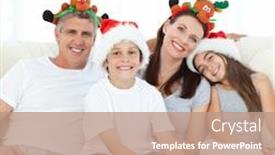  Presentation with family day - Slide deck with family during christmas day looking at the camera at home background and a coral colored foreground