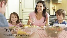  Presentation with kitchen - Amazing PPT theme having family eating meal together backdrop and a coral colored foreground