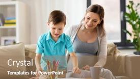  Presentation with pregnant mother - Slide set consisting of family education and pregnancy concept - happy pregnant mother and little son with workbook writing or drawing at home background and a coral colored foreground