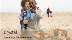  Presentation with bbq - PPT layouts with family enjoying barbeque on beach background and a coral colored foreground