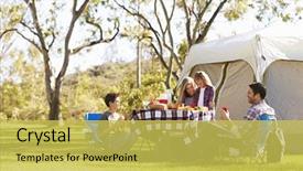  Presentation with camping - PPT theme having family enjoying camping holiday background and a yellow colored foreground