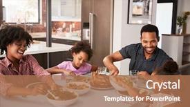  Presentation with family - PPT theme having family enjoying meal around table background and a coral colored foreground