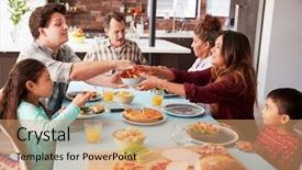  Presentation with generation family farm - PPT theme with family enjoying meal around table background and a coral colored foreground