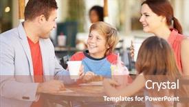  Presentation with multitasking career family - Theme having family enjoying snack in caf background and a coral colored foreground