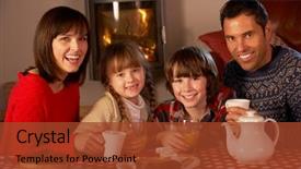  Presentation with tea cake - PPT theme having portrait of family enjoying tea background and a tawny brown colored foreground