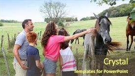  Presentation with horses - Beautiful slides featuring family farm - parents and children petting horses backdrop and a tawny brown colored foreground