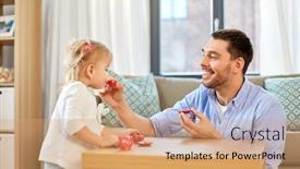  Presentation with tea party - Cool new PPT layouts with family fatherhood and childhood concept - happy father and little daughter with toy crockery playing tea party at home backdrop and a coral colored foreground
