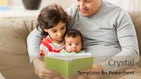  Presentation with family reading - Theme enhanced with family fatherhood and people concept - happy father with preteen and baby son reading book at home background and a coral colored foreground