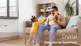  Presentation with african american baby - Beautiful presentation featuring family fatherhood and people concept - happy african american father playing with baby daughter at home backdrop and a coral colored foreground