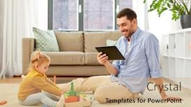 Presentation with baby blocks - Slide deck having family fatherhood and people concept - happy father with tablet pc computer and little baby daughter playing with wooden toy toy blocks kit at home background and a coral colored foreground