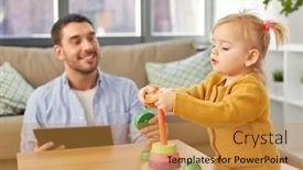  Presentation with baby toy - Colorful slide deck enhanced with family-fatherhood-and-people-concept backdrop and a gold colored foreground