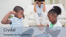  Presentation with children trauma - Slide deck enhanced with family fighting - frustrated mother watching children fight background and a light blue colored foreground