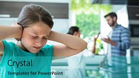 Presentation with sad girl - Amazing presentation design having family fighting - sad girl covering her ears backdrop and a teal colored foreground