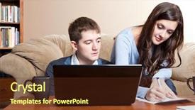  Presentation with online banking - PPT layouts with family finances - couple paying bills by using background and a tawny brown colored foreground