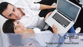  Presentation with computer room - Slide deck having family finances - joyful couple relax and work background and a light blue colored foreground