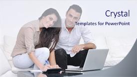  Presentation with work family - Beautiful PPT theme featuring family finances - joyful couple relax and work backdrop and a  colored foreground