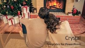  Presentation with christmas fireplace log fire burns - PPT layouts with family fireside - couple near fireplace in christmas background and a coral colored foreground