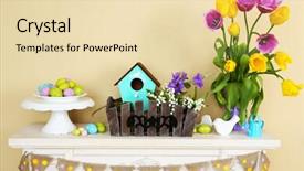  Presentation with room - Amazing PPT layouts having family fireside - fireplace with beautiful spring decorations backdrop and a lemonade colored foreground