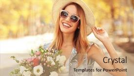  Presentation with blurred flowers - Slide set with family fortunes - happy woman holding flowers background and a  colored foreground