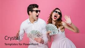  Presentation with portrait of excited overjoyed female - PPT theme with family fortunes - portrait of an excited smartly background and a coral colored foreground