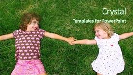  Presentation with sister - Audience pleasing theme consisting of two sister girls lying on meadow green grass like friends playing backdrop and a tawny brown colored foreground