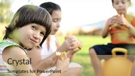  Presentation with children playing - Beautiful PPT theme featuring family friend day - three children in nature playing backdrop and a coral colored foreground