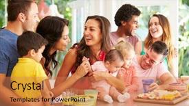  Presentation with families - Cool new presentation theme with family friends - group of families enjoying snacks backdrop and a coral colored foreground