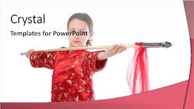  Presentation with kung fu - Audience pleasing theme consisting of family fued - kung fu girl with spear backdrop and a white colored foreground