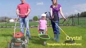  Presentation with green power - PPT theme consisting of family gardening concept dad standing with power mower mom holding strimmer and their cute kid posing with green barrow loaded with soil background and a tawny brown colored foreground